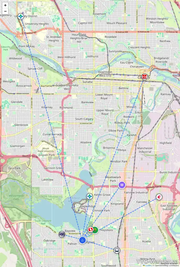 Daily accessibility map for 2011 PUMP HILL WY SW, Calgary showing nearby schools, grocery stores, parks, LRT stations and nearby amenities