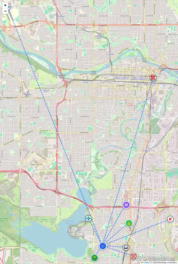 Daily accessibility map for 8316 11 ST SW, Calgary showing nearby schools, grocery stores, parks, LRT stations and nearby amenities
