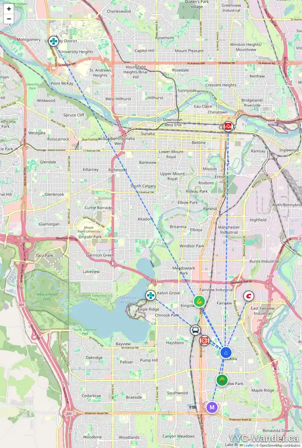 Daily accessibility map for 9212 FAIRMOUNT DR SE, Calgary showing nearby schools, grocery stores, parks, LRT stations and nearby amenities