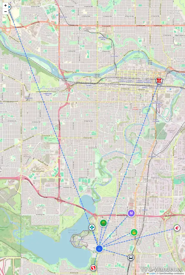 Daily accessibility map for 8044 CHARDIE RD SW, Calgary showing nearby schools, grocery stores, parks, LRT stations and nearby amenities