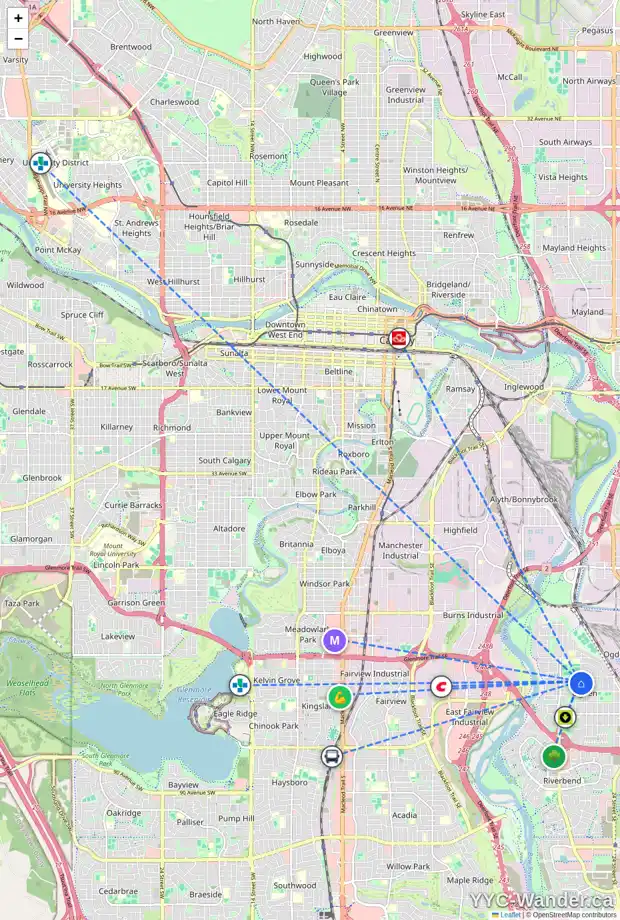 Daily accessibility map for 7015 20A ST SE, Calgary showing nearby schools, grocery stores, parks, LRT stations and nearby amenities