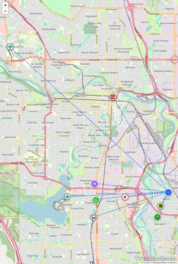 Daily accessibility map for 36 LYNNDALE RD SE, Calgary showing nearby schools, grocery stores, parks, LRT stations and nearby amenities