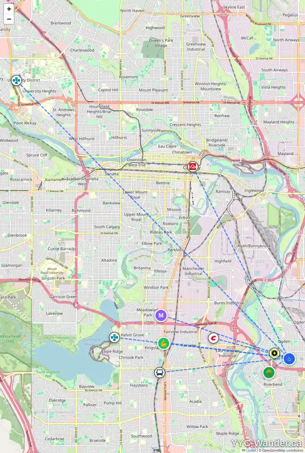 Daily accessibility map for 7806 21A ST SE, Calgary showing nearby schools, grocery stores, parks, LRT stations and nearby amenities