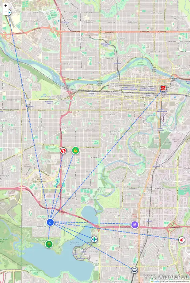 Daily accessibility map for 2824 LIONEL CR SW, Calgary showing nearby schools, grocery stores, parks, LRT stations and nearby amenities
