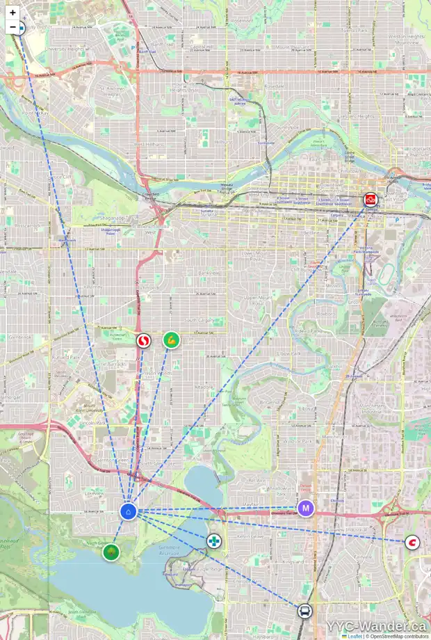 Daily accessibility map for 2604 66 AV SW, Calgary showing nearby schools, grocery stores, parks, LRT stations and nearby amenities