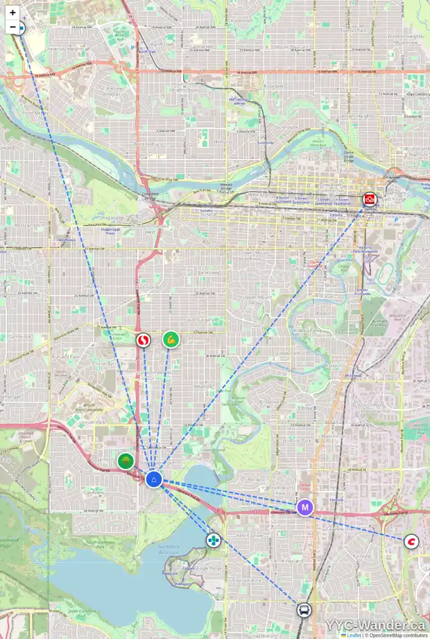 Daily accessibility map for 2320 LANGRIVILLE DR SW, Calgary showing nearby schools, grocery stores, parks, LRT stations and nearby amenities
