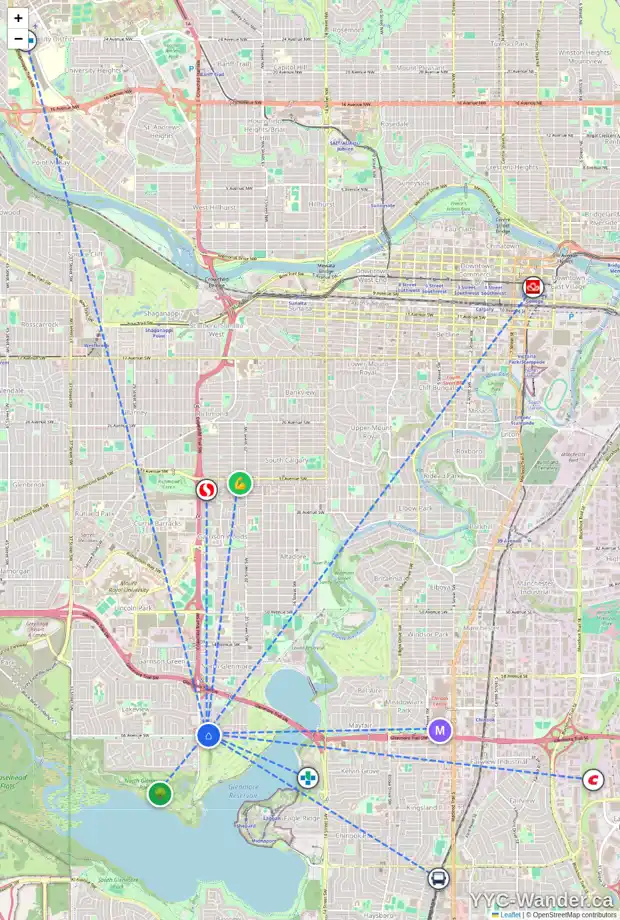Daily accessibility map for 2403 LONGRIDGE DR SW, Calgary showing nearby schools, grocery stores, parks, LRT stations and nearby amenities