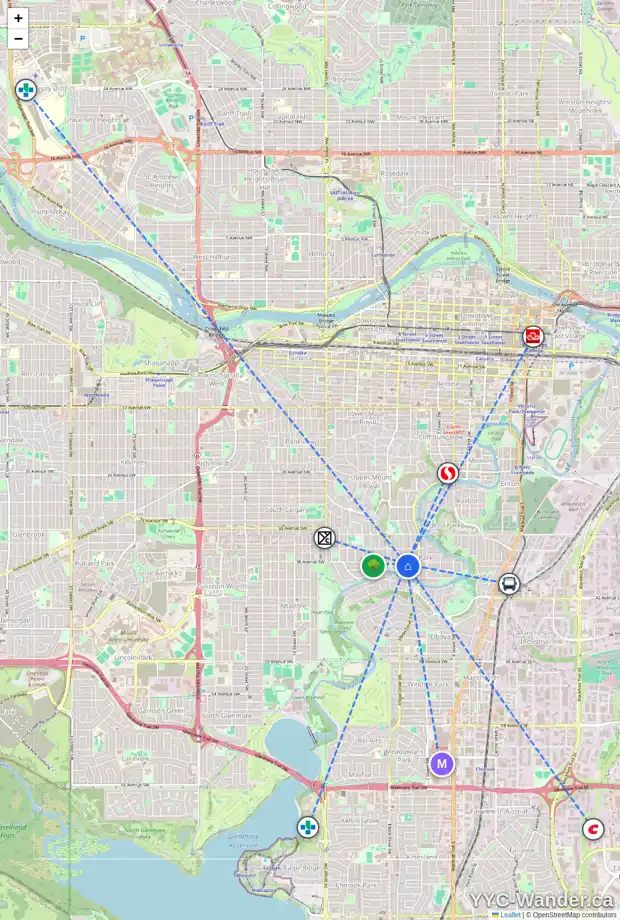 Daily accessibility map for 617 38 AV SW, Calgary showing nearby schools, grocery stores, parks, LRT stations and nearby amenities