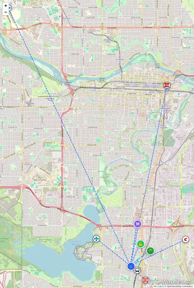 Daily accessibility map for 8251 4A ST SW, Calgary showing nearby schools, grocery stores, parks, LRT stations and nearby amenities