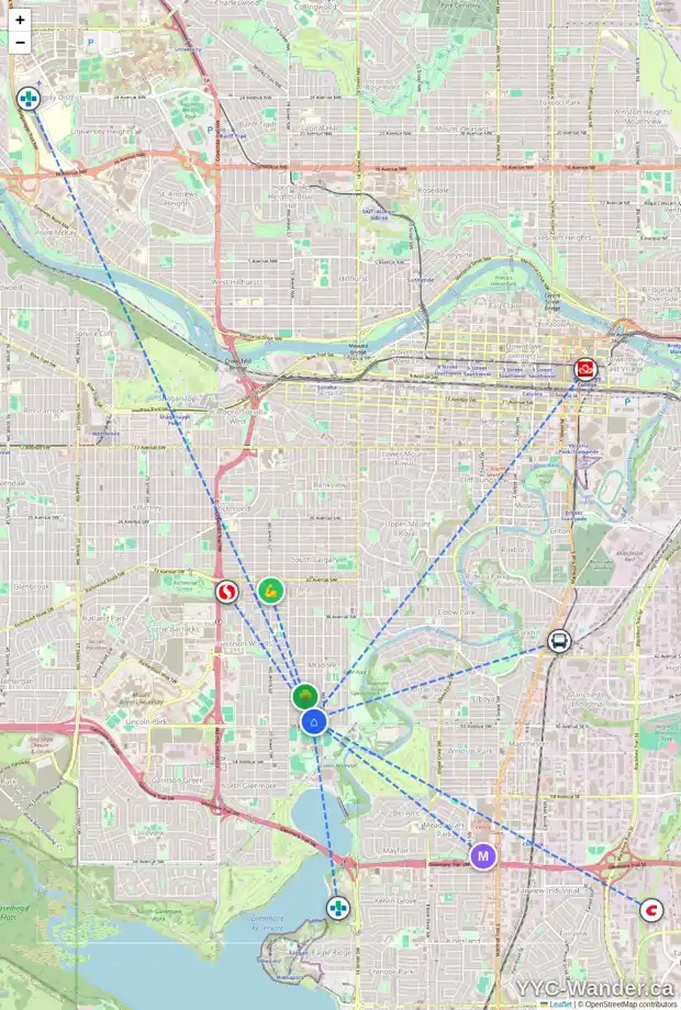 Daily accessibility map for 1731 49 AV SW, Calgary showing nearby schools, grocery stores, parks, LRT stations and nearby amenities