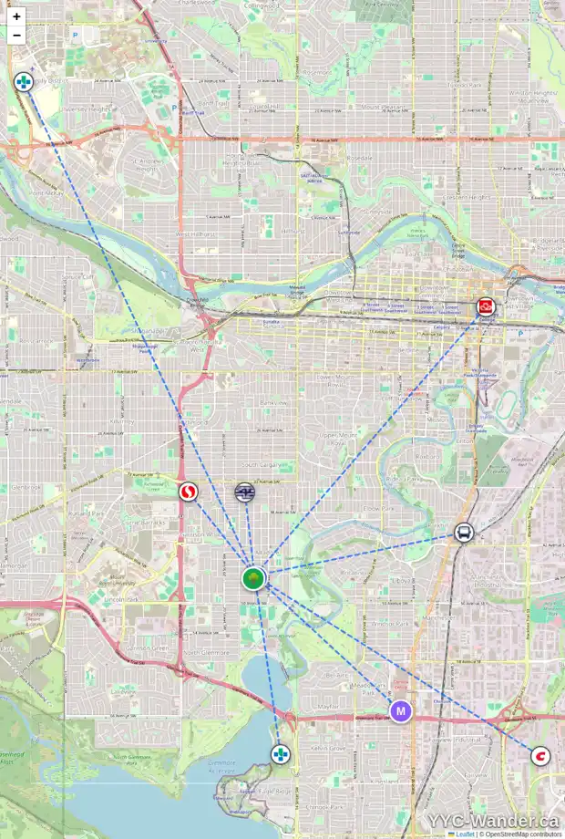 Daily accessibility map for 1747 46 AV SW, Calgary showing nearby schools, grocery stores, parks, LRT stations and nearby amenities