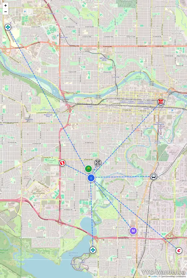 Daily accessibility map for 4123 15A ST SW, Calgary showing nearby schools, grocery stores, parks, LRT stations and nearby amenities