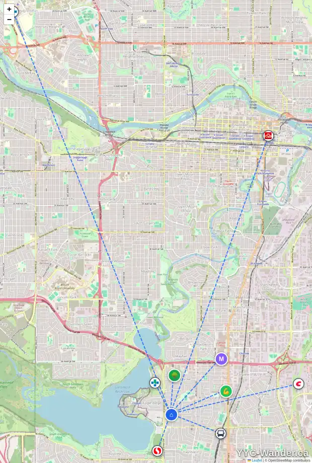 Daily accessibility map for 1403 CARLYLE RD SW, Calgary showing nearby schools, grocery stores, parks, LRT stations and nearby amenities