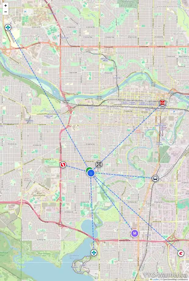 Daily accessibility map for 3908 16 ST SW, Calgary showing nearby schools, grocery stores, parks, LRT stations and nearby amenities