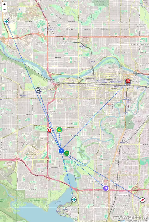 Daily accessibility map for 2027 45 AV SW, Calgary showing nearby schools, grocery stores, parks, LRT stations and nearby amenities
