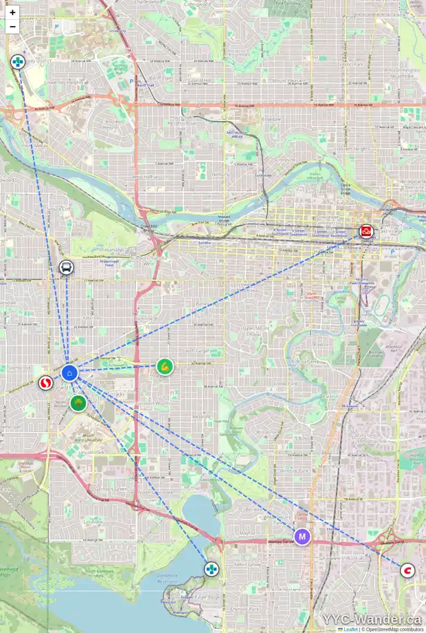 Daily accessibility map for 3508 35 AV SW, Calgary showing nearby schools, grocery stores, parks, LRT stations and nearby amenities