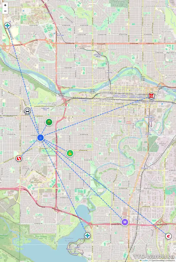 Daily accessibility map for 2819 28 ST SW, Calgary showing nearby schools, grocery stores, parks, LRT stations and nearby amenities