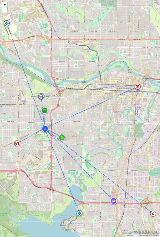 Daily accessibility map for 3027 25A ST SW, Calgary showing nearby schools, grocery stores, parks, LRT stations and nearby amenities