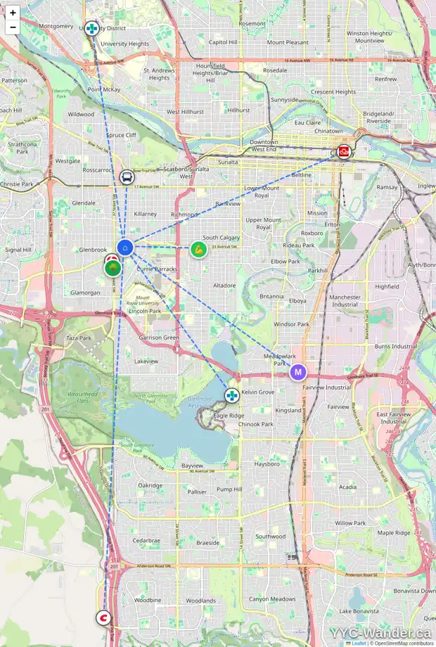 Daily accessibility map for 3231 KINSALE RD SW, Calgary showing nearby schools, grocery stores, parks, LRT stations and nearby amenities