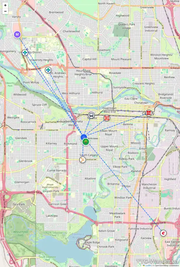 Daily accessibility map for 2208 19 ST SW, Calgary showing nearby schools, grocery stores, parks, LRT stations and nearby amenities