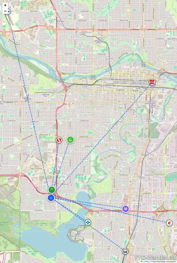Daily accessibility map for 2731 LOUGHEED DR SW, Calgary showing nearby schools, grocery stores, parks, LRT stations and nearby amenities