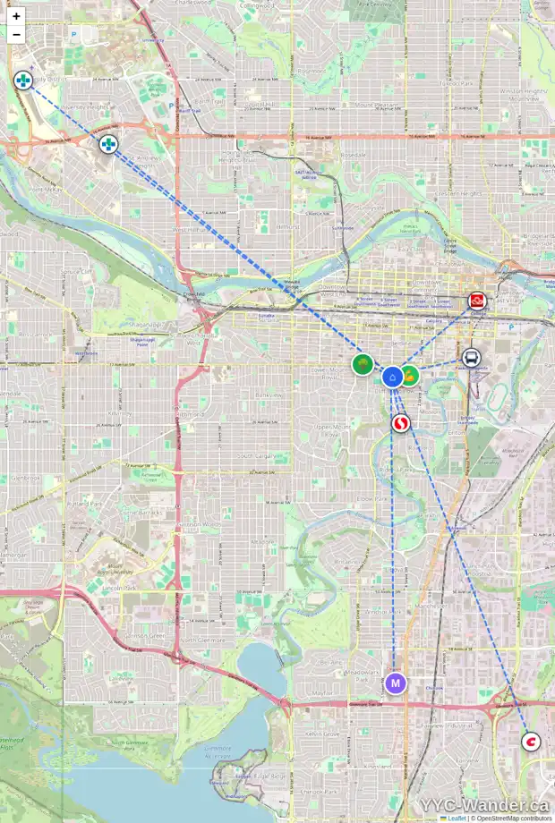 Daily accessibility map for 1815 5 ST SW, Calgary showing nearby schools, grocery stores, parks, LRT stations and nearby amenities