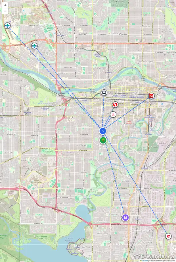 Daily accessibility map for 2310 CARLETON ST SW, Calgary showing nearby schools, grocery stores, parks, LRT stations and nearby amenities