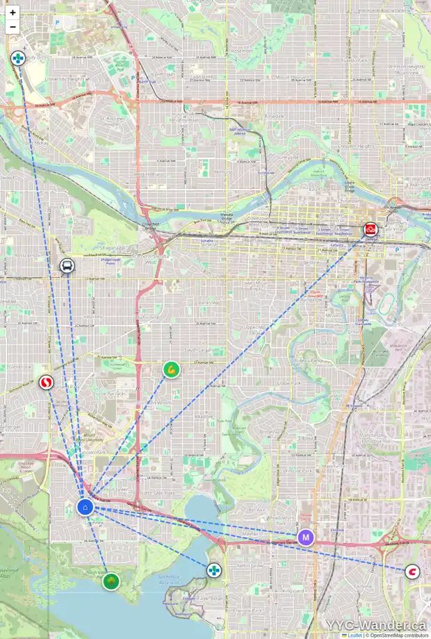 Daily accessibility map for 3438 LANE CR SW, Calgary showing nearby schools, grocery stores, parks, LRT stations and nearby amenities