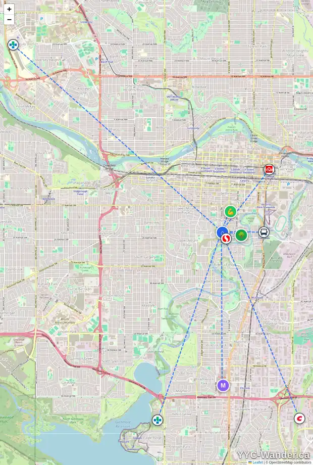 Daily accessibility map for 17 616 24 AV SW, Calgary showing nearby schools, grocery stores, parks, LRT stations and nearby amenities
