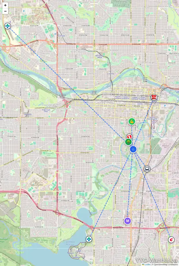 Daily accessibility map for 3219 3 ST SW, Calgary showing nearby schools, grocery stores, parks, LRT stations and nearby amenities