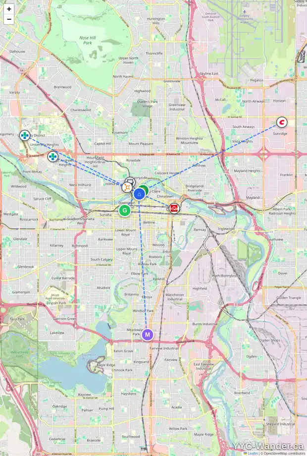 Daily accessibility map for 3 838 2 AV SW, Calgary showing nearby schools, grocery stores, parks, LRT stations and nearby amenities