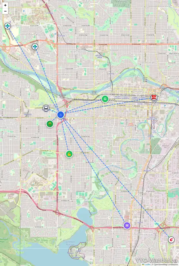 Daily accessibility map for 1712 23 ST SW, Calgary showing nearby schools, grocery stores, parks, LRT stations and nearby amenities