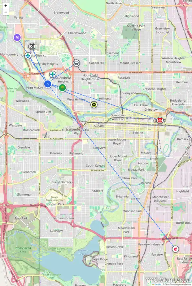 Daily accessibility map for 912 35 ST NW, Calgary showing nearby schools, grocery stores, parks, LRT stations and nearby amenities