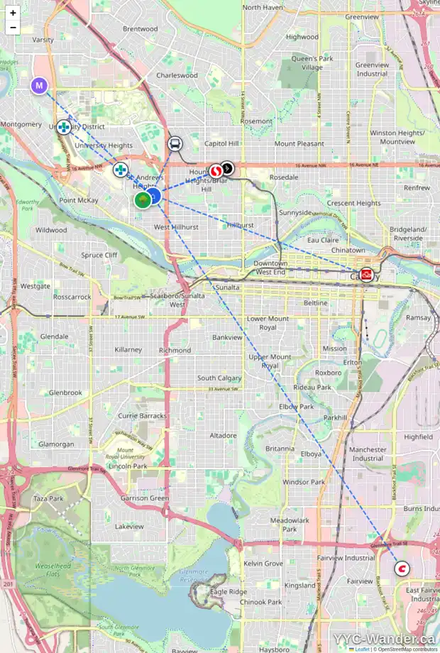 Daily accessibility map for 2608 11 AV NW, Calgary showing nearby schools, grocery stores, parks, LRT stations and nearby amenities