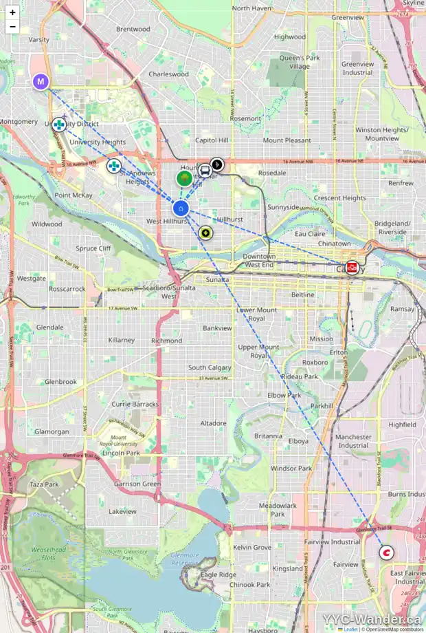 Daily accessibility map for 2213 6 AV NW, Calgary showing nearby schools, grocery stores, parks, LRT stations and nearby amenities