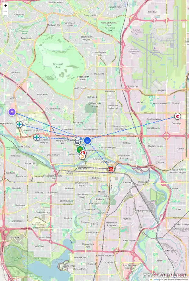 Daily accessibility map for 1415 8 ST NW, Calgary showing nearby schools, grocery stores, parks, LRT stations and nearby amenities