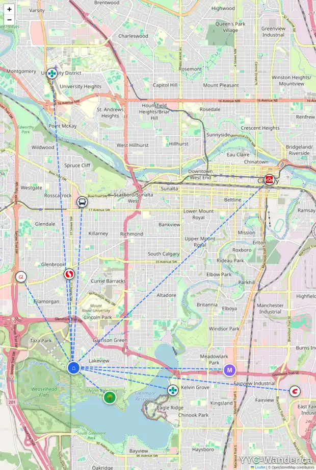 Daily accessibility map for 6606 37 ST SW, Calgary showing nearby schools, grocery stores, parks, LRT stations and nearby amenities