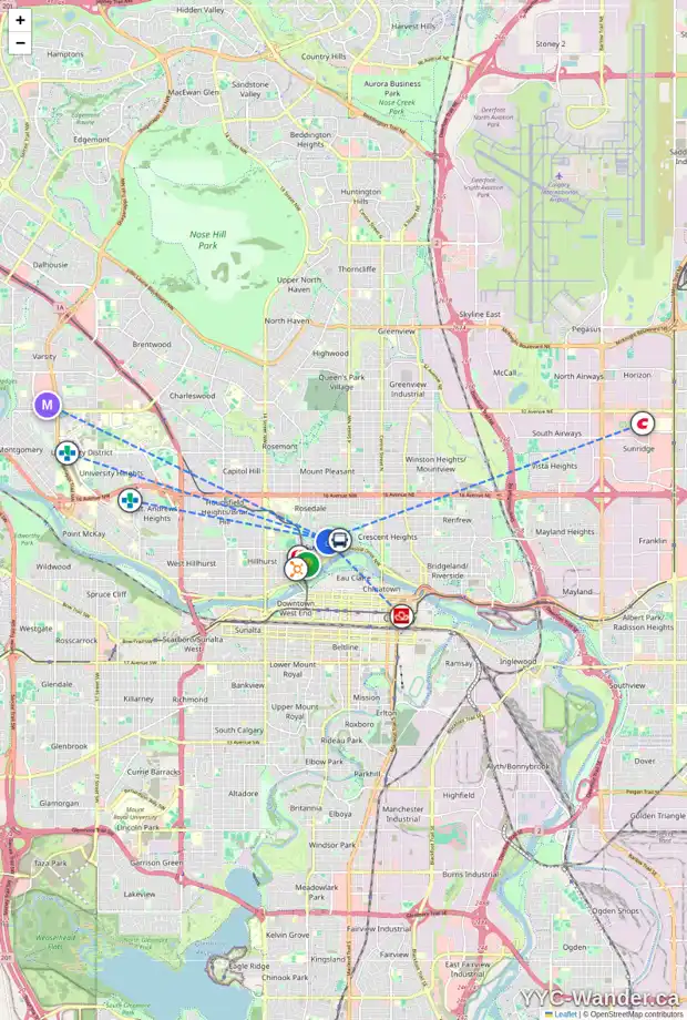 Daily accessibility map for 651 3 AV NW, Calgary showing nearby schools, grocery stores, parks, LRT stations and nearby amenities