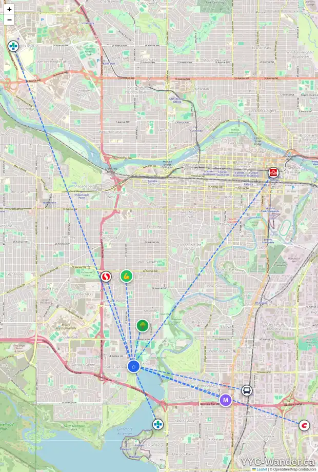 Daily accessibility map for 2007 56 AV SW, Calgary showing nearby schools, grocery stores, parks, LRT stations and nearby amenities