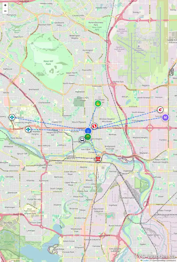 Daily accessibility map for 1428 2A ST NW, Calgary showing nearby schools, grocery stores, parks, LRT stations and nearby amenities