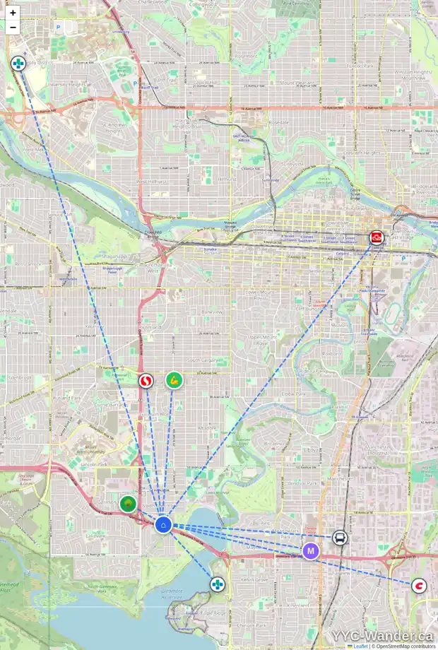 Daily accessibility map for 2236 LANGRIVILLE DR SW, Calgary showing nearby schools, grocery stores, parks, LRT stations and nearby amenities