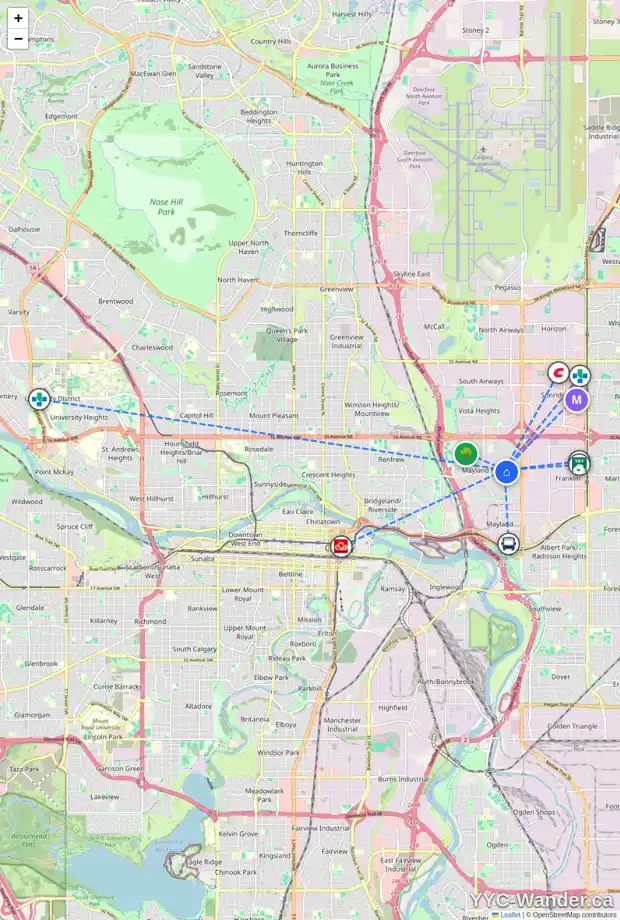 Daily accessibility map for 2308 8 AV NE, Calgary showing nearby schools, grocery stores, parks, LRT stations and nearby amenities