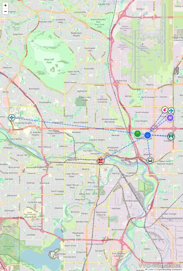 Daily accessibility map for 1036 MIDDLETON DR NE, Calgary showing nearby schools, grocery stores, parks, LRT stations and nearby amenities