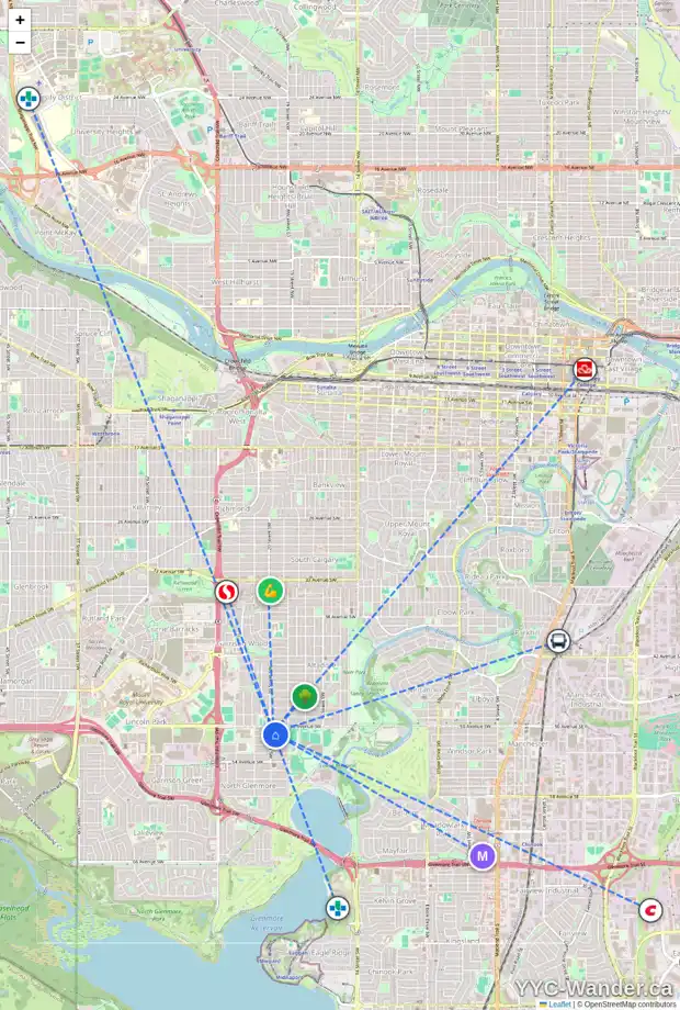 Daily accessibility map for 2040 51 AV SW, Calgary showing nearby schools, grocery stores, parks, LRT stations and nearby amenities