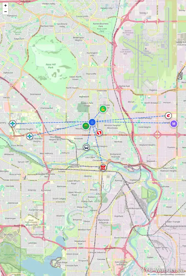 Daily accessibility map for 422 25 AV NW, Calgary showing nearby schools, grocery stores, parks, LRT stations and nearby amenities
