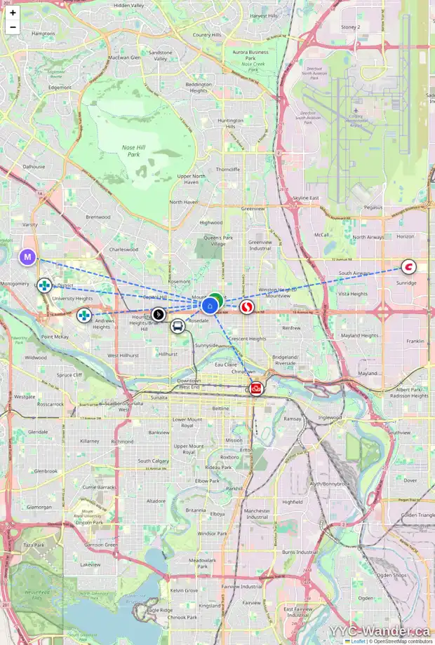 Daily accessibility map for 722 18 AV NW, Calgary showing nearby schools, grocery stores, parks, LRT stations and nearby amenities