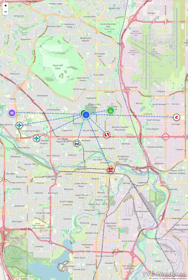 Daily accessibility map for 945 32 AV NW, Calgary showing nearby schools, grocery stores, parks, LRT stations and nearby amenities