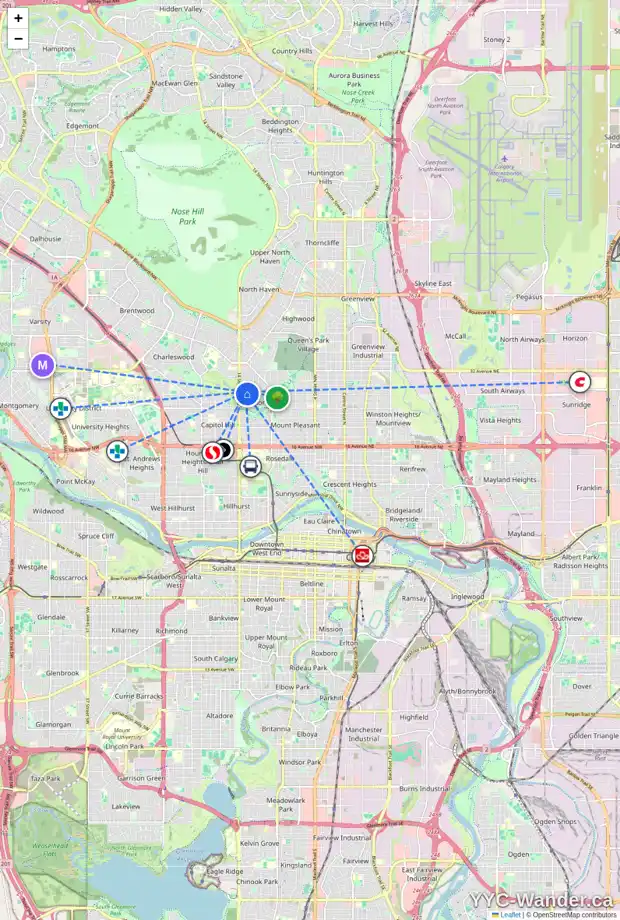 Daily accessibility map for 1424 ROSEHILL DR NW, Calgary showing nearby schools, grocery stores, parks, LRT stations and nearby amenities