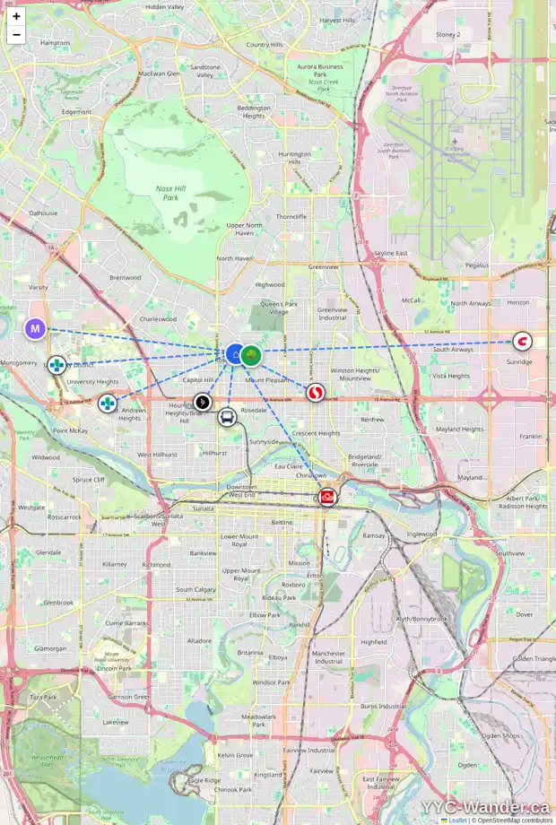 Daily accessibility map for 1257 ROSEHILL DR NW, Calgary showing nearby schools, grocery stores, parks, LRT stations and nearby amenities