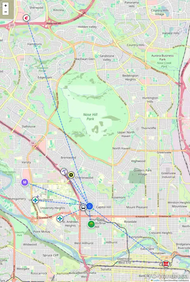 Daily accessibility map for 2343 22 ST NW, Calgary showing nearby schools, grocery stores, parks, LRT stations and nearby amenities